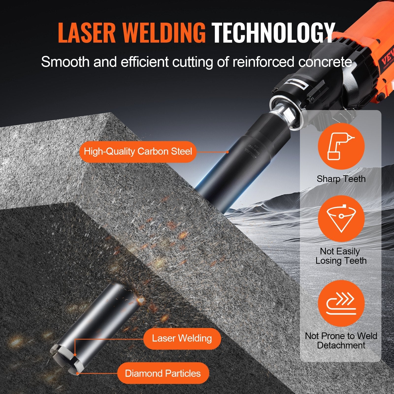 VEVOR Core Drill Bit, 2" Wet Diamond Core Drill Bits, 14" Drilling Depth Concrete Core Drill Bit with Saw Blade, 1-1/4"-7 Inner Thread, Laser Welding, Diamond Wet Coring Bit for Concrete Brick 