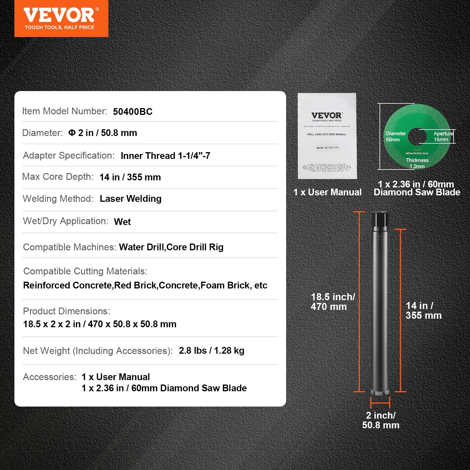 VEVOR Core Drill Bit, 2" Wet Diamond Core Drill Bits, 14" Drilling Depth Concrete Core Drill Bit with Saw Blade, 1-1/4"-7 Inner Thread, Laser Welding, Diamond Wet Coring Bit for Concrete Brick 