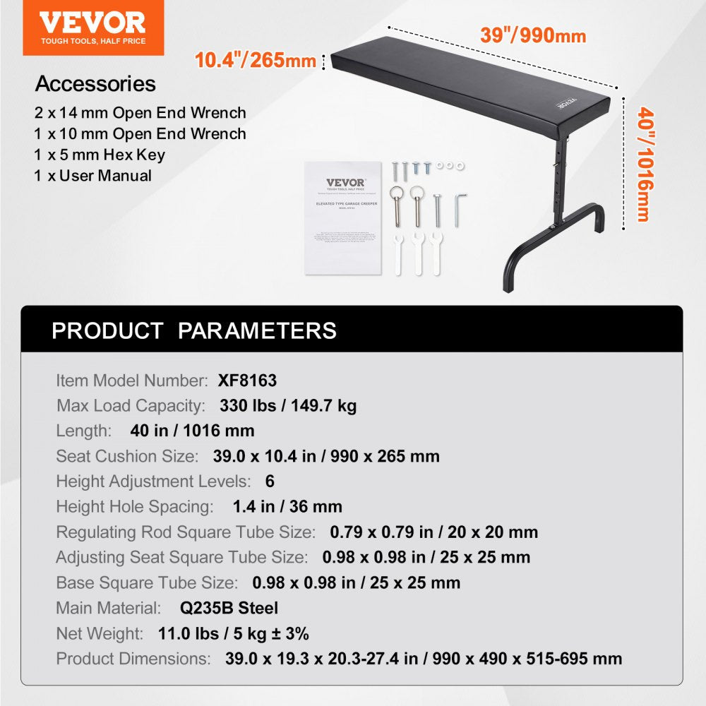 VEVOR 40 in Under Dash Creeper 330 lbs Rolling Garage Creeper Height Adjustable 
