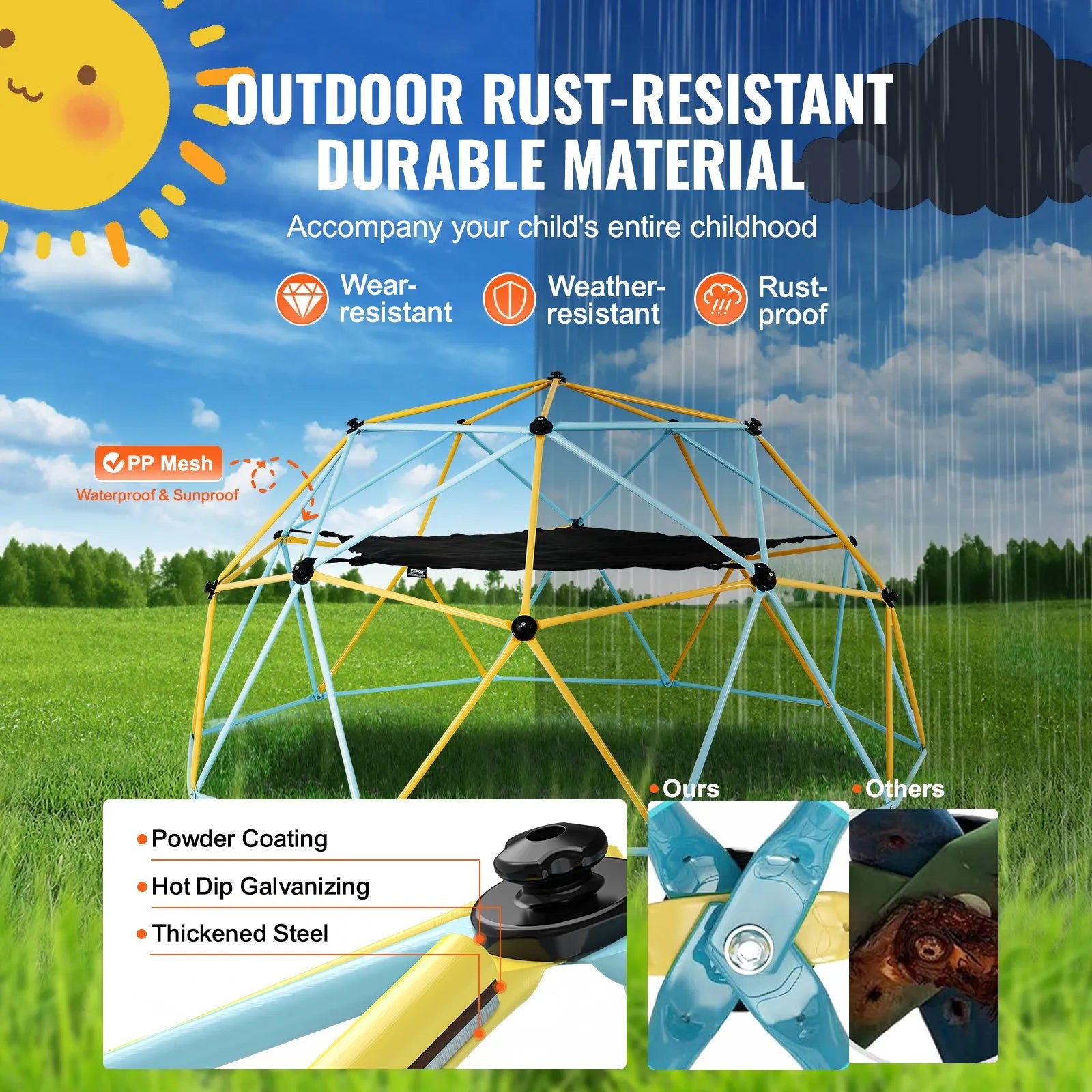 VEVOR Climbing Dome, 10FT Geometric Dome Climber with Hammock and Swing, for Kids 3 to 10 Years Old, Jungle Gym Supports 750LBS and Easy Assembly, with Climbing Grip, Outdoor Backyard Play Equipment