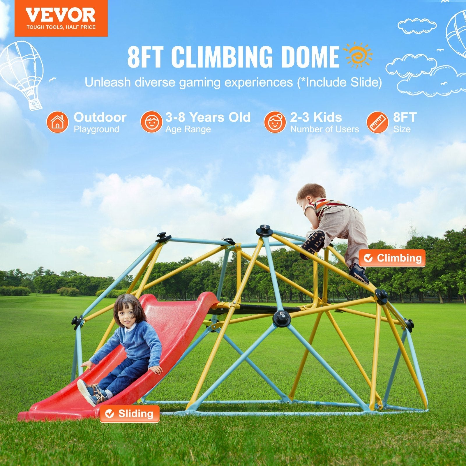 VEVOR Climbing Dome, 8FT Geometric Dome Climber with Slide, for Kids 3 to 9 Years Old, Jungle Gym Supports 600LBS and Easy Assembly, with Climbing Grip, Outdoor and Indoor Play Equipment for Kids 