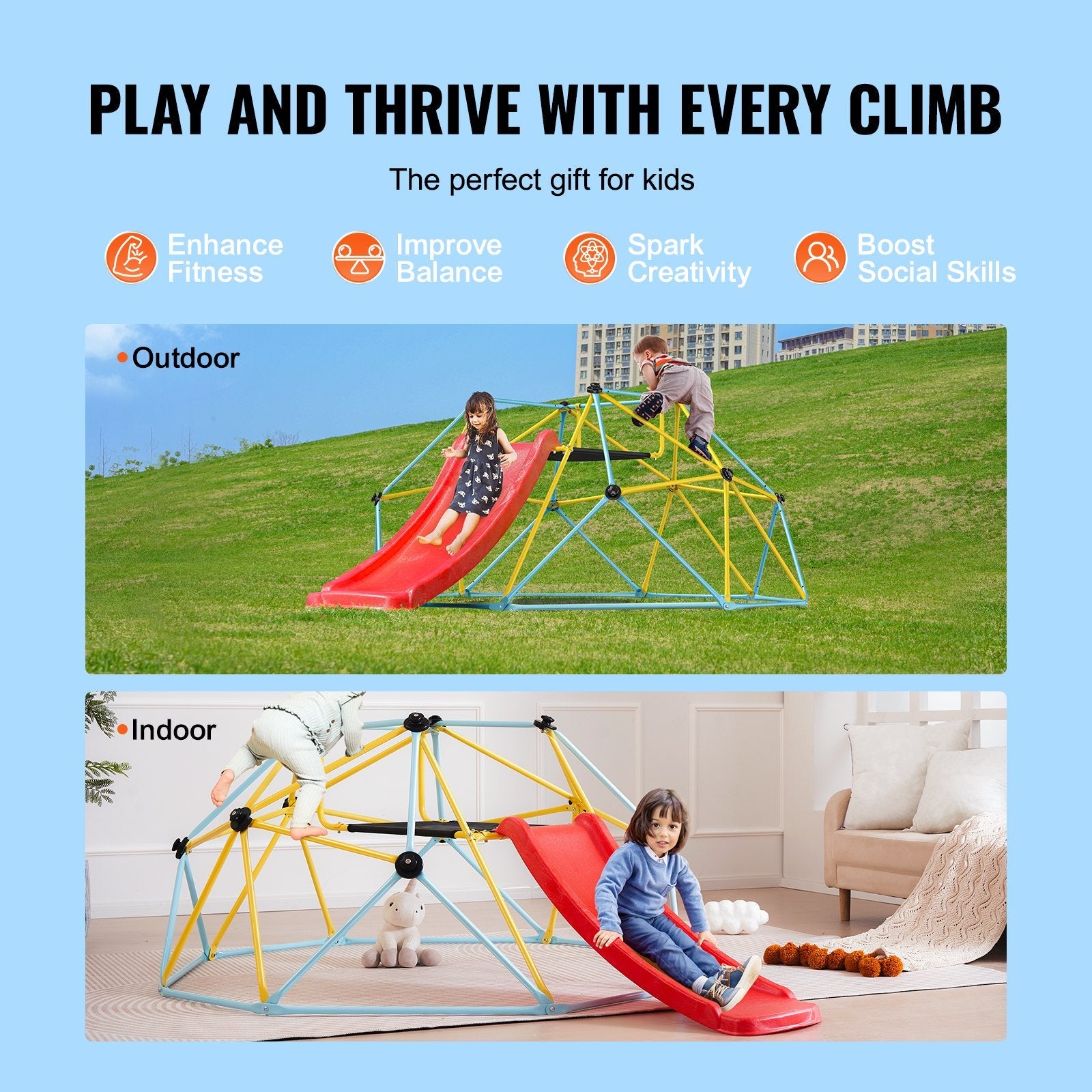 VEVOR Climbing Dome, 8FT Geometric Dome Climber with Slide, for Kids 3 to 9 Years Old, Jungle Gym Supports 600LBS and Easy Assembly, with Climbing Grip, Outdoor and Indoor Play Equipment for Kids 