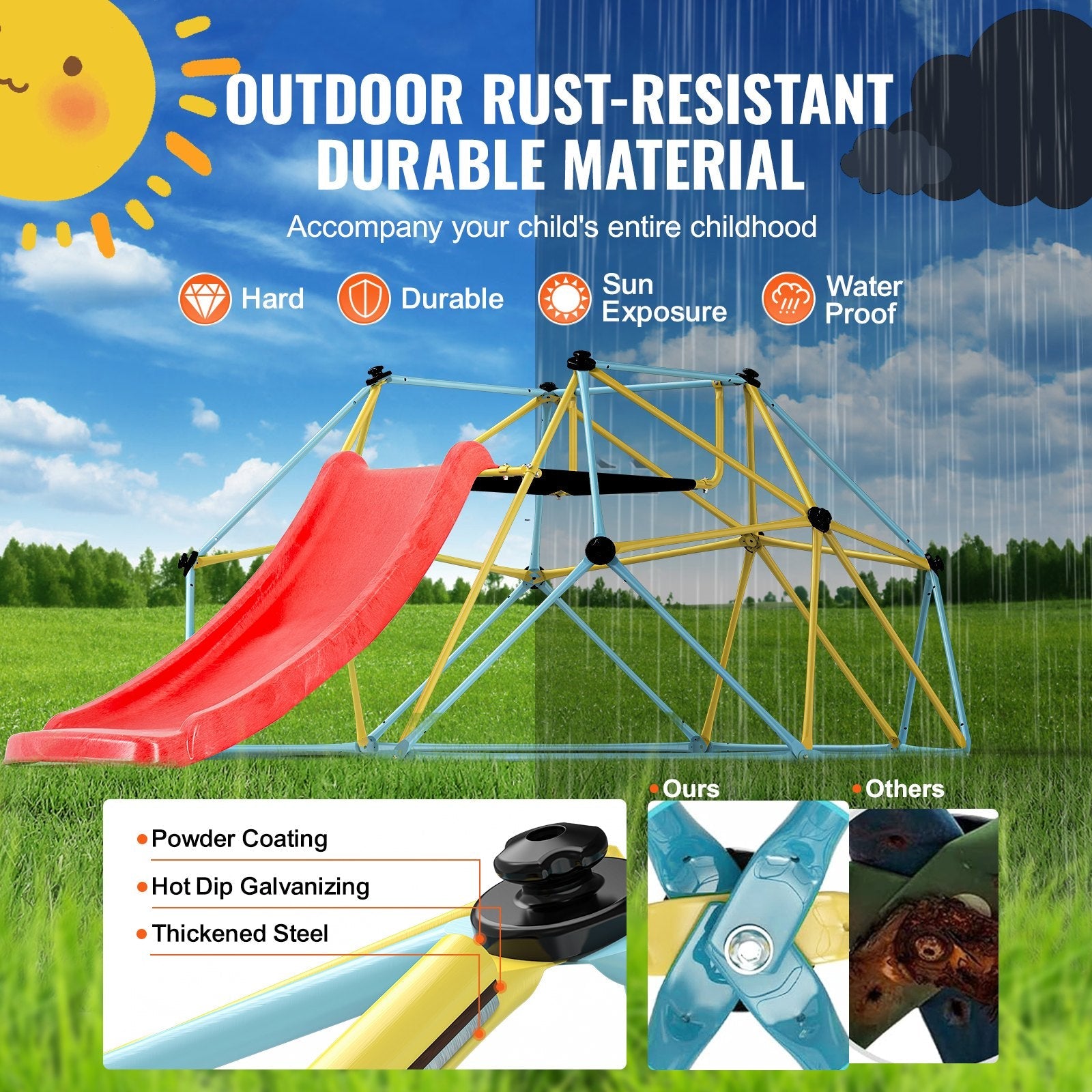 VEVOR Climbing Dome, 8FT Geometric Dome Climber with Slide, for Kids 3 to 9 Years Old, Jungle Gym Supports 600LBS and Easy Assembly, with Climbing Grip, Outdoor and Indoor Play Equipment for Kids 