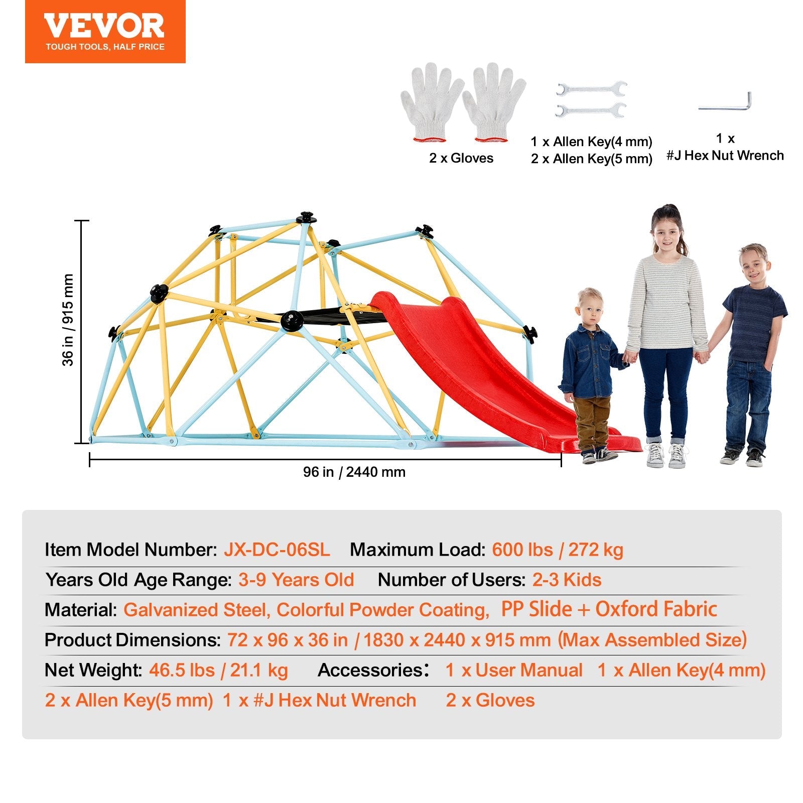 VEVOR Climbing Dome, 8FT Geometric Dome Climber with Slide, for Kids 3 to 9 Years Old, Jungle Gym Supports 600LBS and Easy Assembly, with Climbing Grip, Outdoor and Indoor Play Equipment for Kids 
