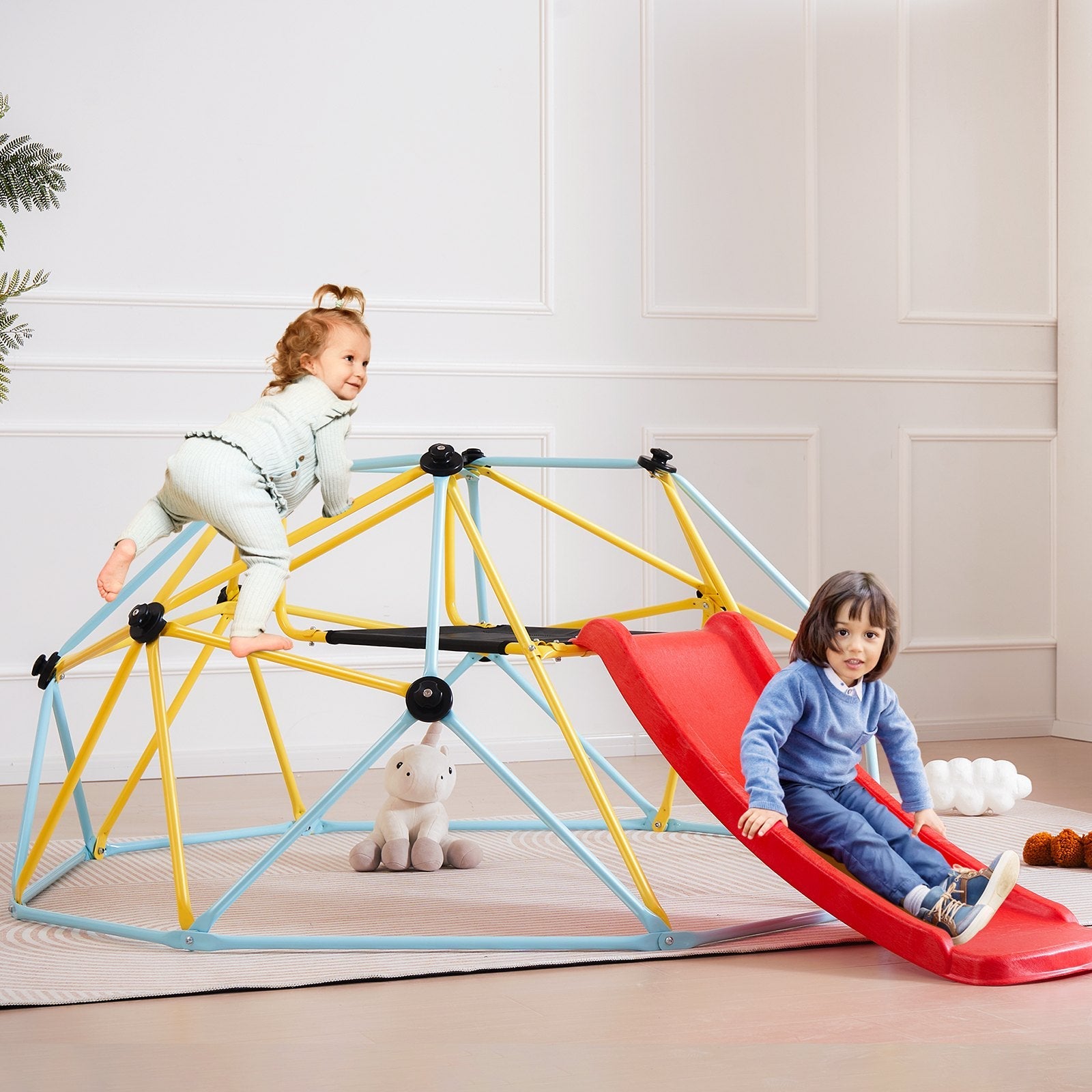 VEVOR Climbing Dome, 8FT Geometric Dome Climber with Slide, for Kids 3 to 9 Years Old, Jungle Gym Supports 600LBS and Easy Assembly, with Climbing Grip, Outdoor and Indoor Play Equipment for Kids 