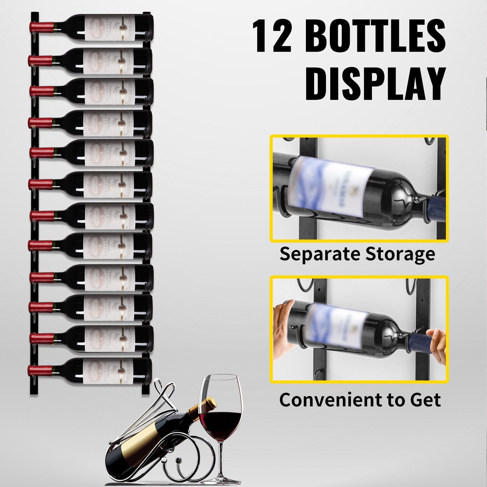 VEVOR Wall Mounted Wine Rack, 12 Bottles Wine Holder Towel Rack, Black Steel Vertical Wine Rack, Modern Decorative Wall Mounted Wine Bottle Holder, Forward Design Simple Storage Wall Rack 48x6x1 in 