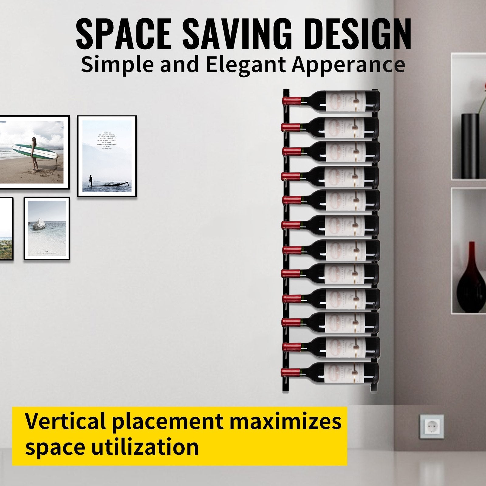VEVOR Wall Mounted Wine Rack, 12 Bottles Wine Holder Towel Rack, Black Steel Vertical Wine Rack, Modern Decorative Wall Mounted Wine Bottle Holder, Forward Design Simple Storage Wall Rack 48x6x1 in 