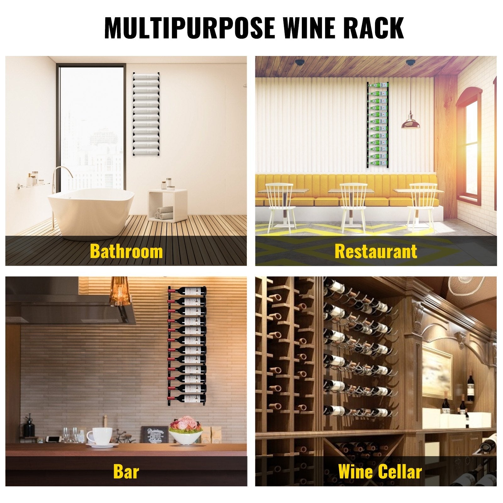 VEVOR Wall Mounted Wine Rack, 12 Bottles Wine Holder Towel Rack, Black Steel Vertical Wine Rack, Modern Decorative Wall Mounted Wine Bottle Holder, Forward Design Simple Storage Wall Rack 48x6x1 in 