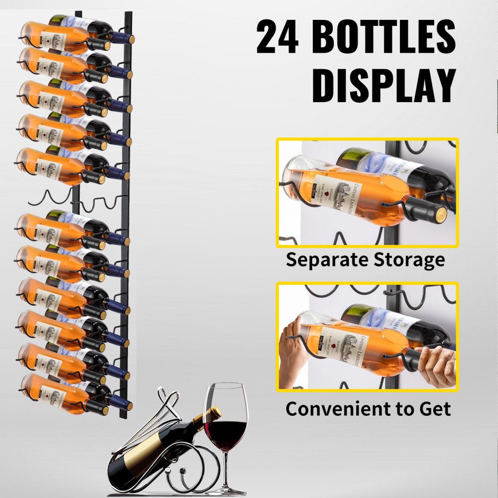 VEVOR Wall Mounted Wine Rack, 12x2 Bottles Wine Holder Towel Rack, Black Steel Vertical Wine Rack, Modern Decorative Wall Mounted Wine Bottle Holder, Forward Design Simple Storage Wall Rack 48x11x1 In 