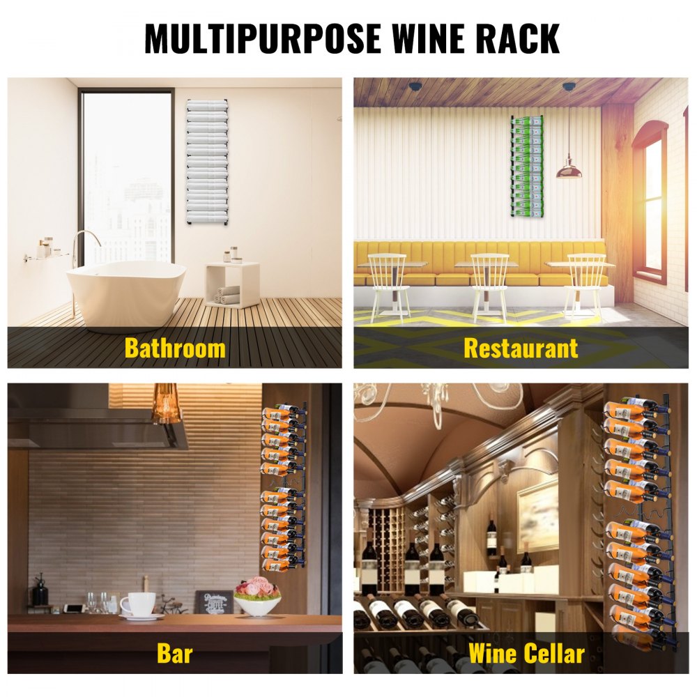 VEVOR Wall Mounted Wine Rack, 12x2 Bottles Wine Holder Towel Rack, Black Steel Vertical Wine Rack, Modern Decorative Wall Mounted Wine Bottle Holder, Forward Design Simple Storage Wall Rack 48x11x1 In 