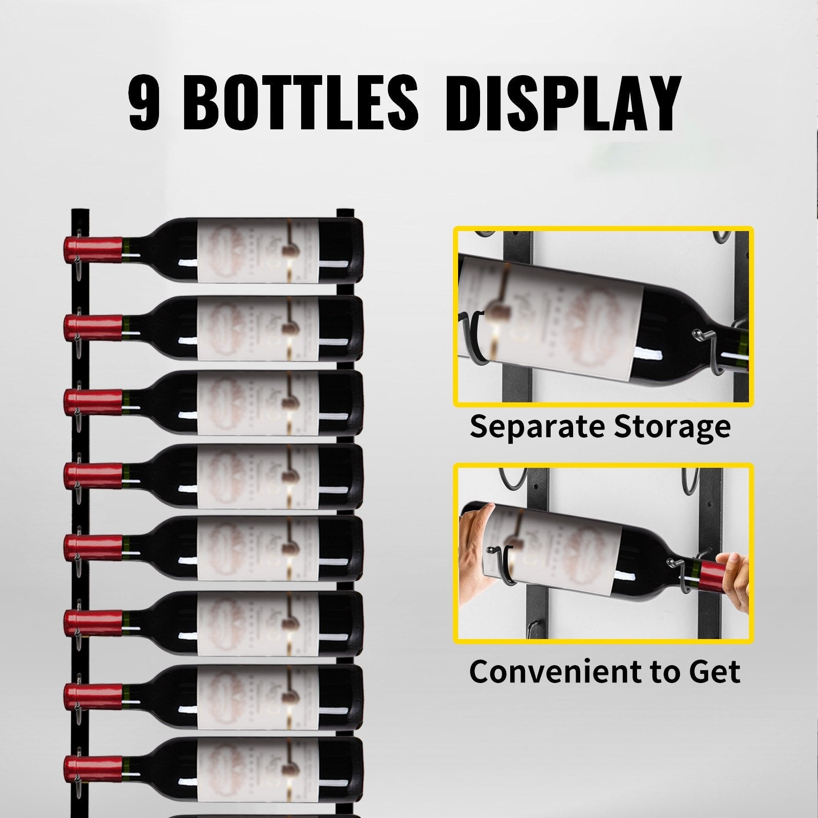 VEVOR Wall Mounted Wine Rack, 9 Bottles Wine Holder Towel Rack, Black Steel Vertical Wine Rack, Modern Decorative Wall Mounted Wine Bottle Holder, Forward Design Simple Storage Wall Rack 35 x 6 x 1 In 