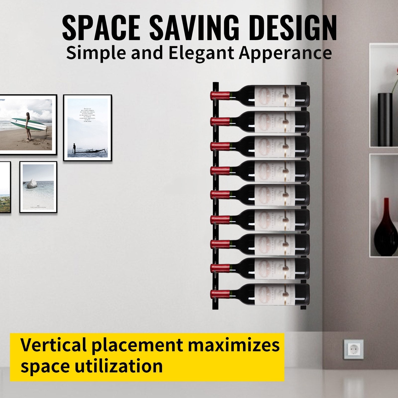 VEVOR Wall Mounted Wine Rack, 9 Bottles Wine Holder Towel Rack, Black Steel Vertical Wine Rack, Modern Decorative Wall Mounted Wine Bottle Holder, Forward Design Simple Storage Wall Rack 35 x 6 x 1 In 