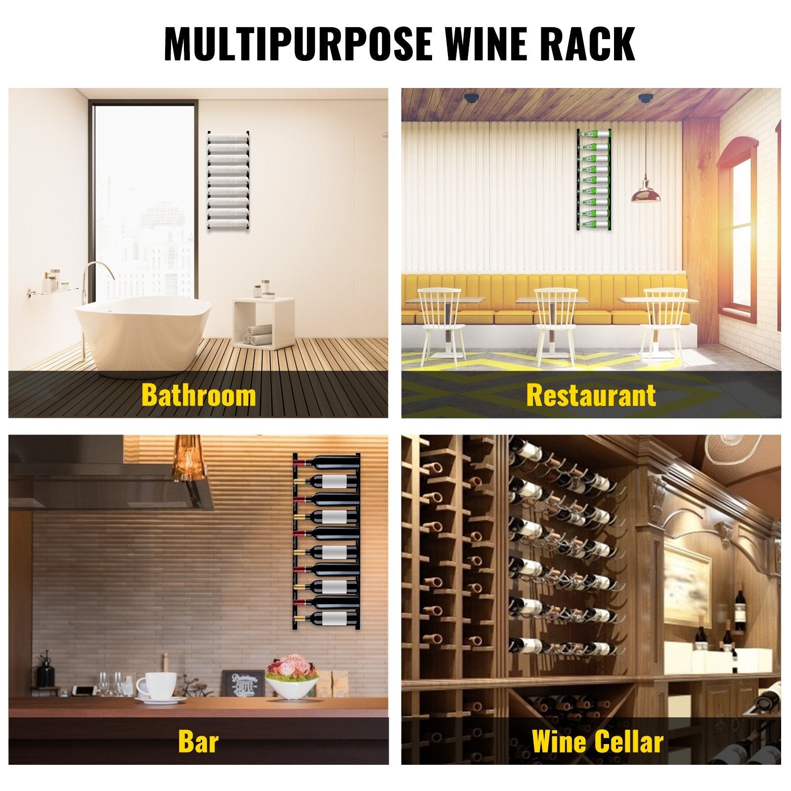 VEVOR Wall Mounted Wine Rack, 9 Bottles Wine Holder Towel Rack, Black Steel Vertical Wine Rack, Modern Decorative Wall Mounted Wine Bottle Holder, Forward Design Simple Storage Wall Rack 35 x 6 x 1 In 
