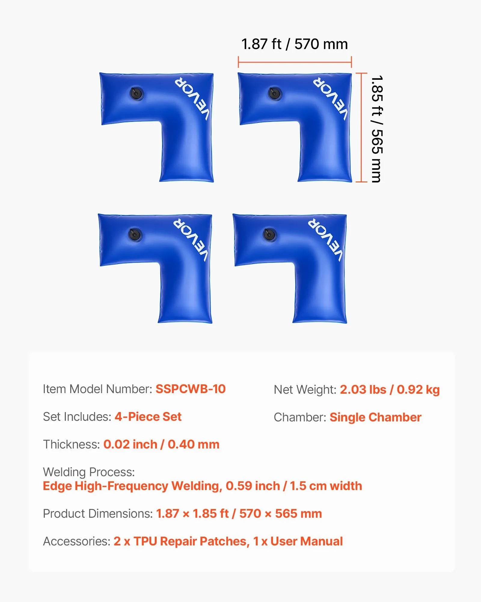 VEVOR Corner Pool Water Tubes, 4 Pack 22.4 x 22.2 in, Corner Winter Water Bags with Leakproof Screw Cap, 0.4mm Heavy Duty PVC, Cold-Resistant Weights for Inground Swimming Pool Covers 