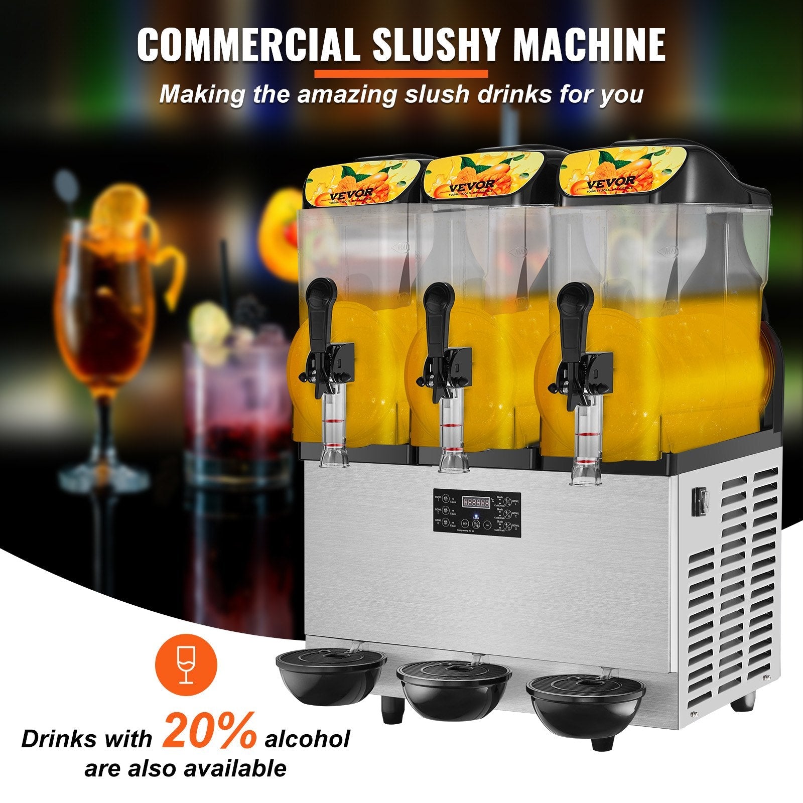 VEVOR Commercial Slushy Machine, 3 x 12L / 3.2 Gal Triple Bowl, 72 Cups Output, 110V 1300W Stainless Steel Margarita Smoothie Frozen Drink Maker, Slushie Machine for Party Cafe Restaurant Bar Home Use 