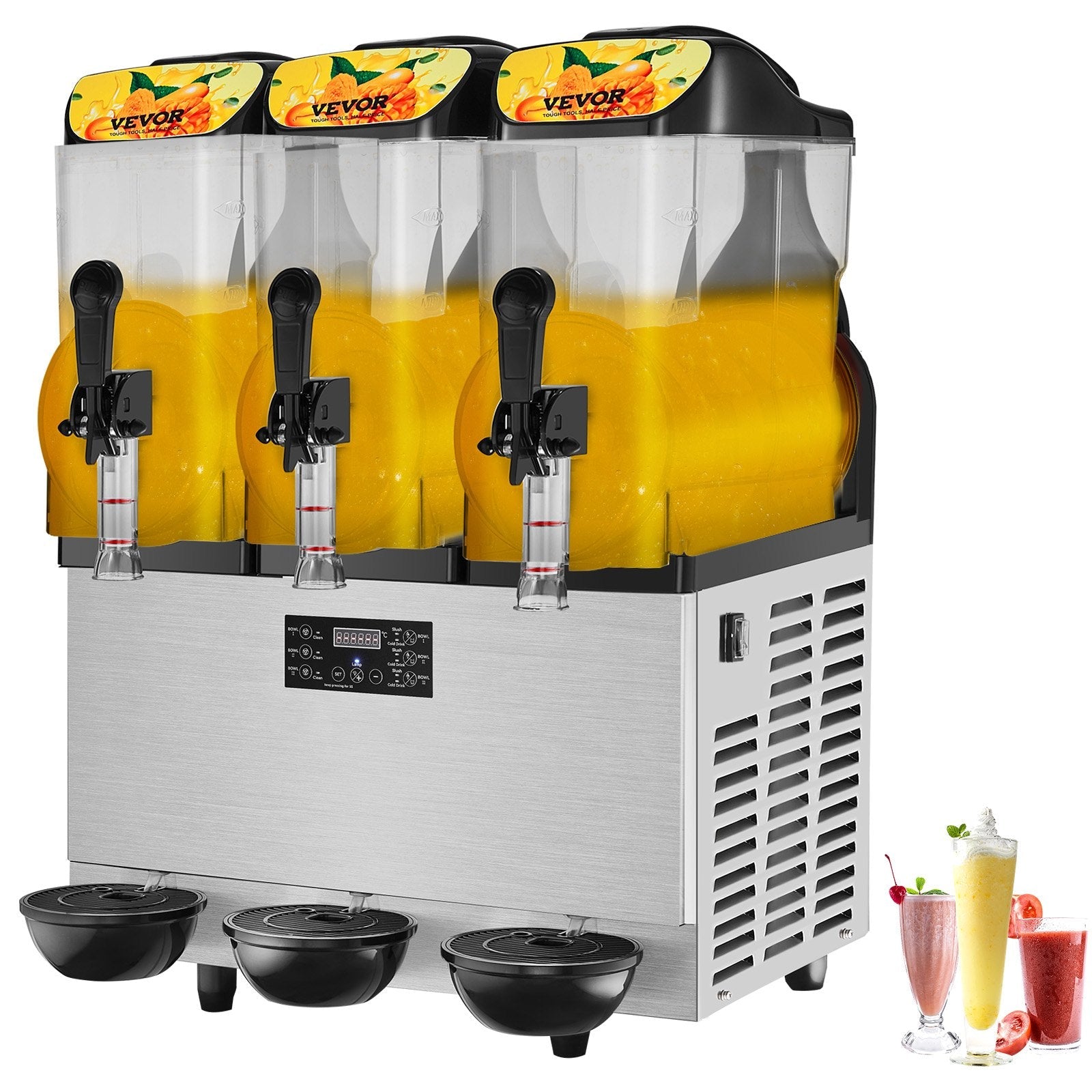 VEVOR Commercial Slushy Machine, 3 x 12L / 3.2 Gal Triple Bowl, 72 Cups Output, 110V 1300W Stainless Steel Margarita Smoothie Frozen Drink Maker, Slushie Machine for Party Cafe Restaurant Bar Home Use 