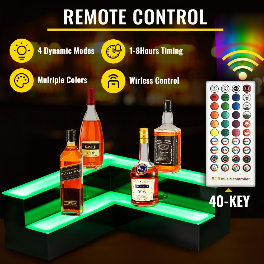 VEVOR Corner LED Liquor Bottle Display Shelf, 20-inch LED Bar Shelves for Liquor, 2-Step Lighted Liquor Bottle Shelf for Home/Commercial Bar, Acrylic Lighted Bottle Display with Remote & App Control 