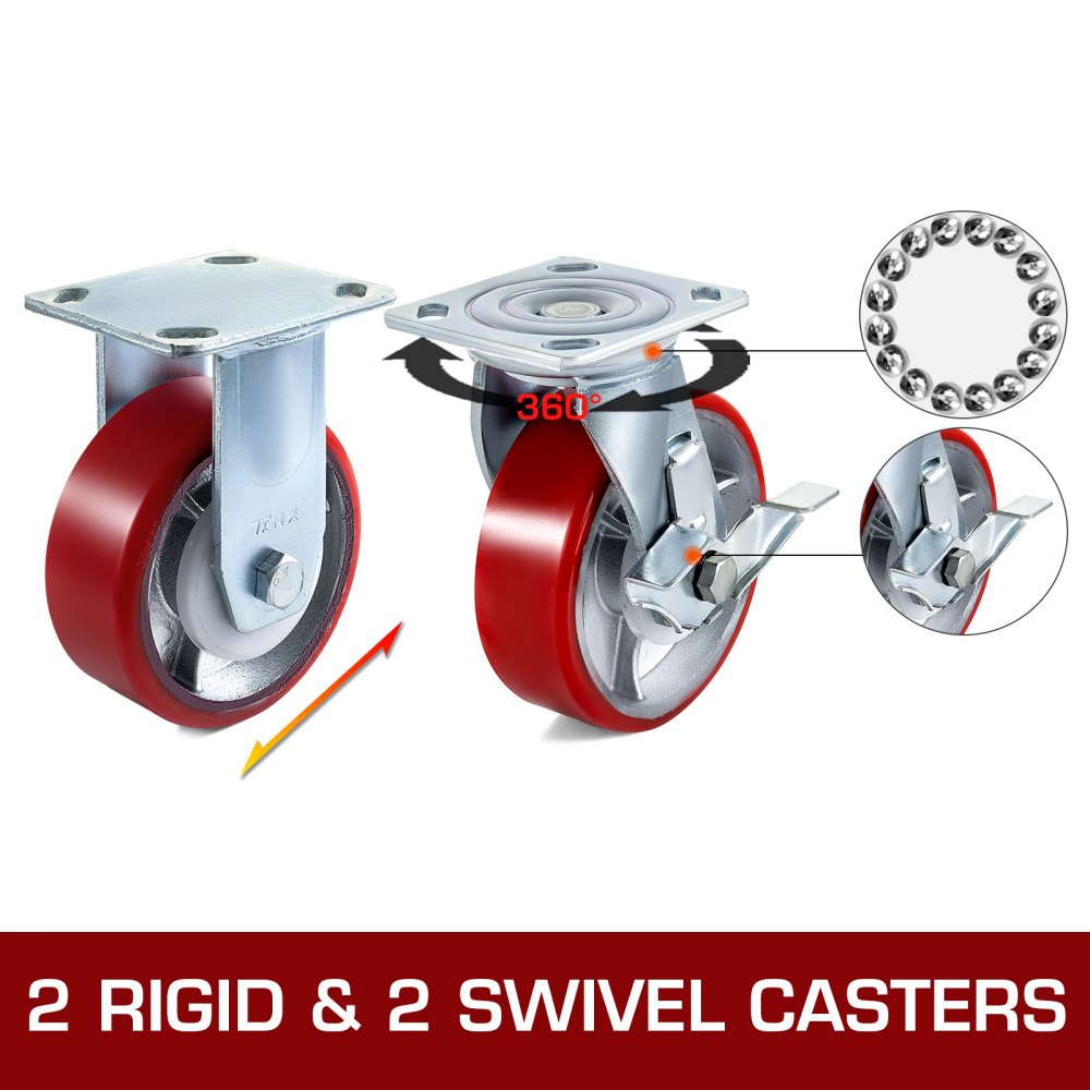 Vevor 4 Pack Swivel Caster Polyurethane 6" X 2" On Steel Wheel 2 Brake 2 Rigid 