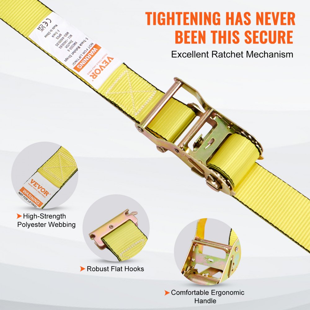 VEVOR Ratchet Tie Down Straps (8PK), 4400 lb Break Strength, E-Track Endless Ratchet with 8 Premium 2" x 15' Rachet Tie Downs Heavy Duty, for Moving Securing Cargo, Appliances, Lawn Equipment 