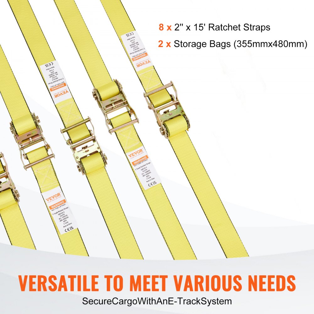 VEVOR Ratchet Tie Down Straps (8PK), 4400 lb Break Strength, E-Track Endless Ratchet with 8 Premium 2" x 15' Rachet Tie Downs Heavy Duty, for Moving Securing Cargo, Appliances, Lawn Equipment 