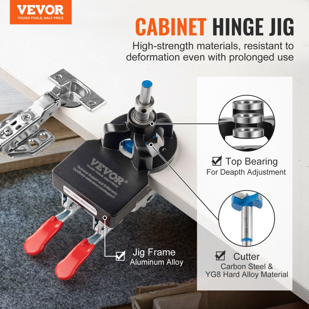 VEVOR 35 mm Concealed Door Hinge Jig, Aluminum Alloy Cabinet Hinge Jig, Accurate Locking Dual Clamp Fixation Hinge Drill Jig with Accessories, Woodworking Tool for Doors Cabinets Hinges Mounting 