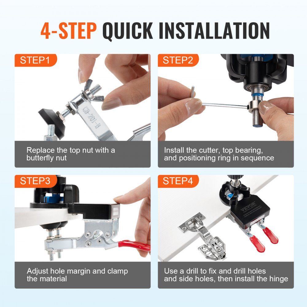 VEVOR 35 mm Concealed Door Hinge Jig, Aluminum Alloy Cabinet Hinge Jig, Accurate Locking Dual Clamp Fixation Hinge Drill Jig with Accessories, Woodworking Tool for Doors Cabinets Hinges Mounting 