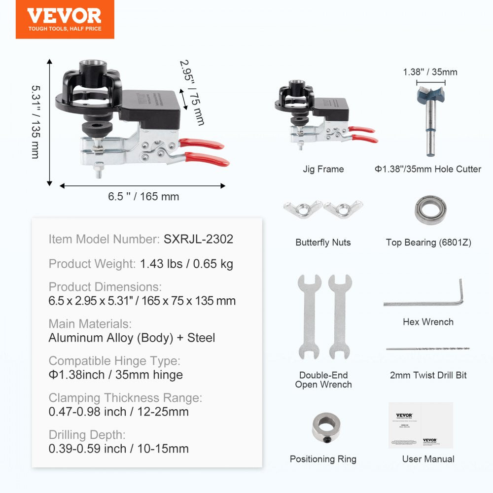VEVOR 35 mm Concealed Door Hinge Jig, Aluminum Alloy Cabinet Hinge Jig, Accurate Locking Dual Clamp Fixation Hinge Drill Jig with Accessories, Woodworking Tool for Doors Cabinets Hinges Mounting 
