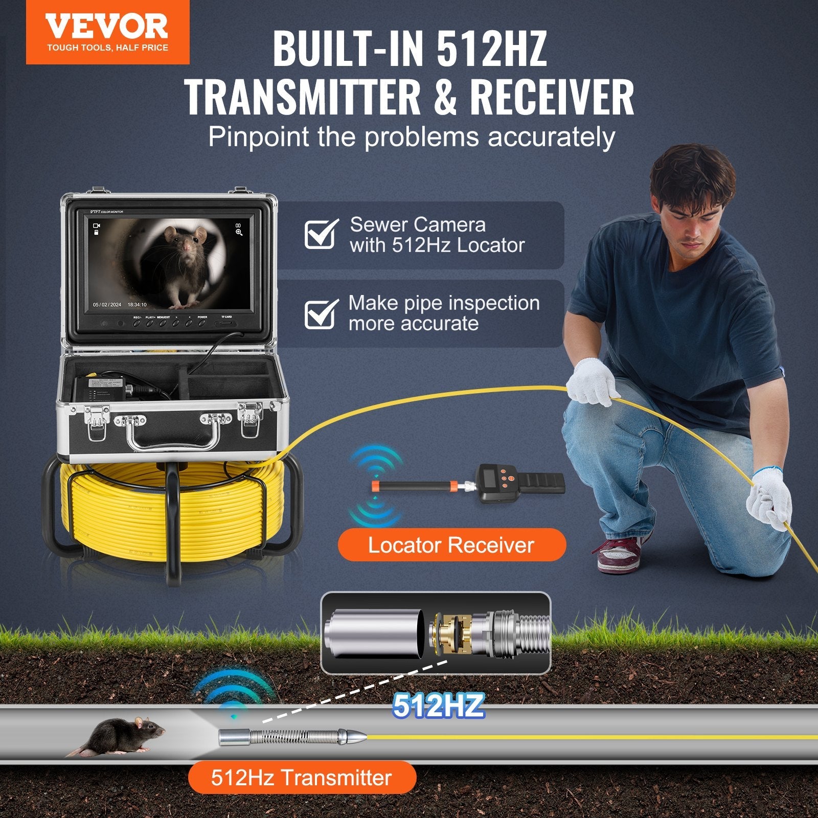 VEVOR Sewer Camera 98 ft/30 m Self-Leveling Drain Duct Camera with 512Hz Locator 
