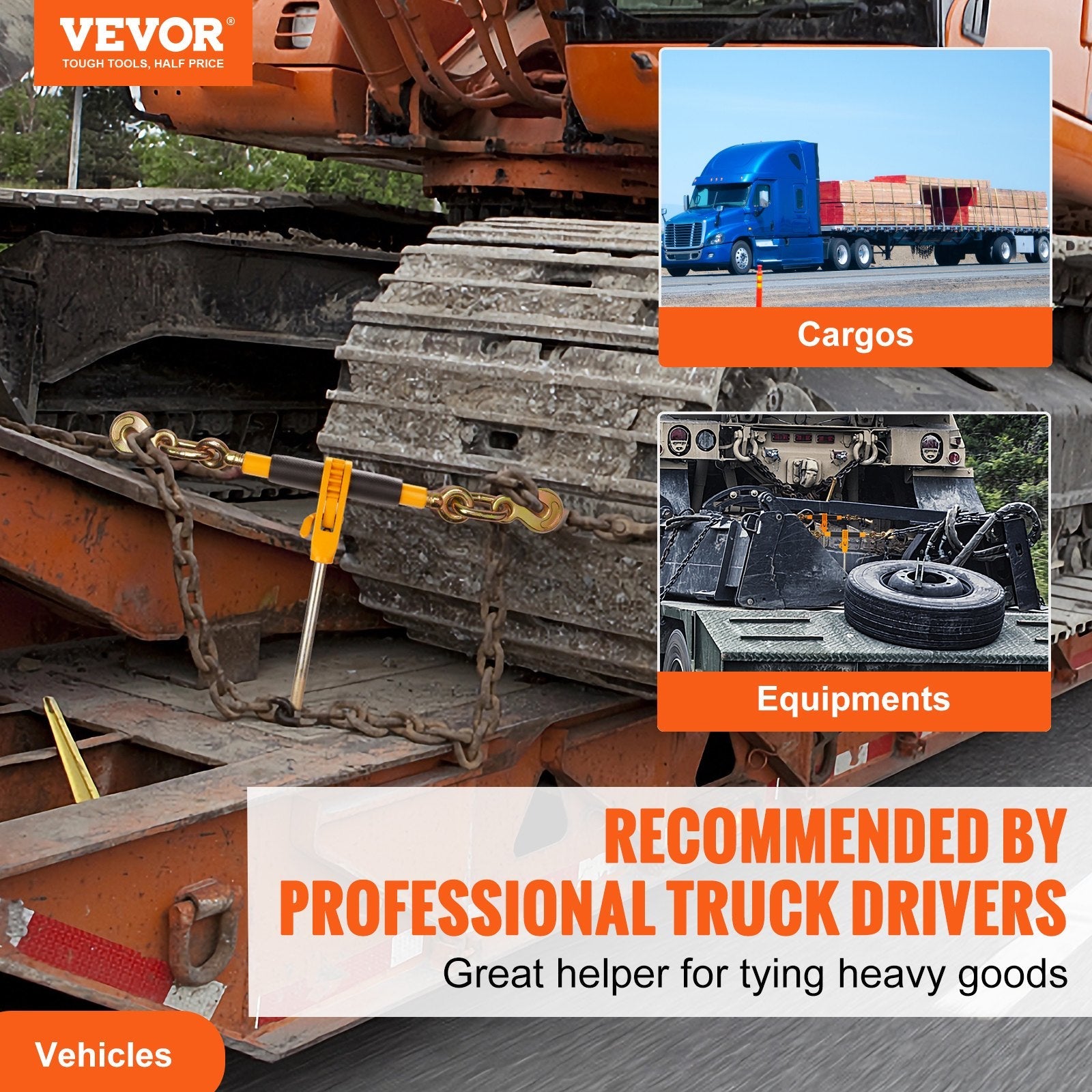 VEVOR Ratchet Chain Binder, 4PCS 3/8"-1/2" Heavy Duty Load Binders, with G80 Hooks 12000 lbs Secure Load Limit, Labor-saving Anti-skid Handle, Tie Down Hauling Chain Binders for Flatbed Truck Trailer 