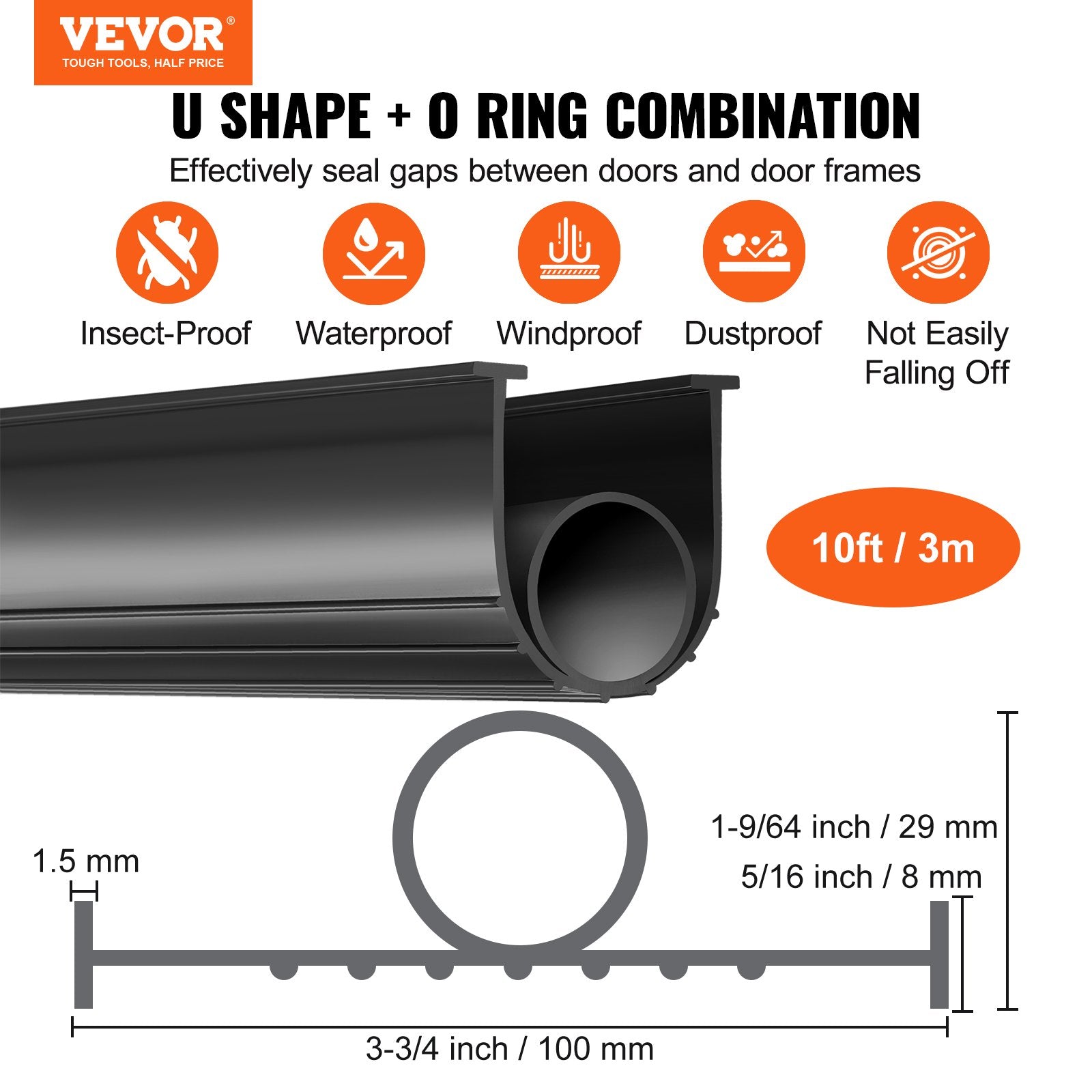 VEVOR Garage Door Seals Bottom Rubber, U Shape +O Ring Combination Garage Door Bottom Weather Seal, 10ft Weatherproofing Garage Door Seal, 5/16 inch T-ends and 3 3/4 inch Width, for Doors, Black 