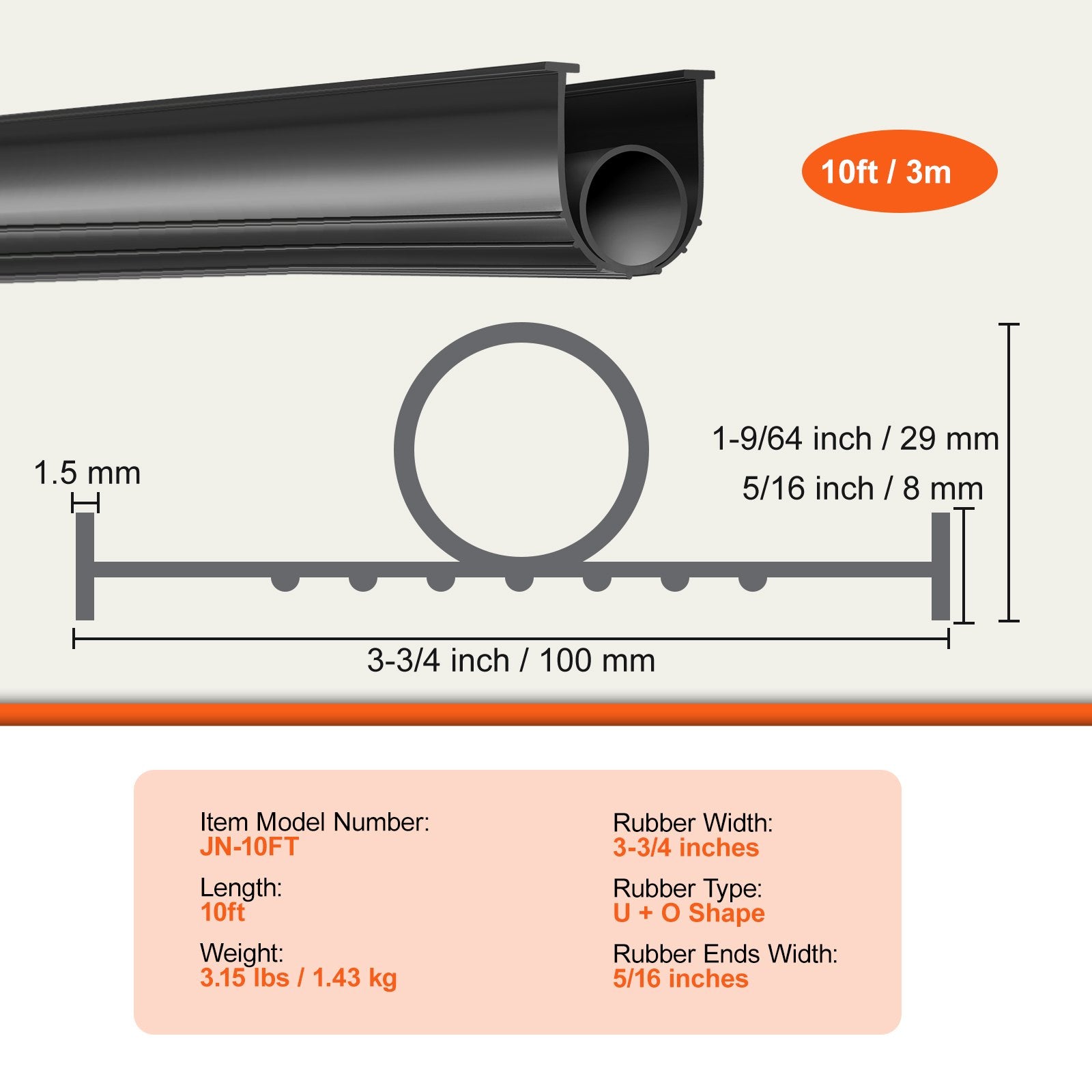VEVOR Garage Door Seals Bottom Rubber, U Shape +O Ring Combination Garage Door Bottom Weather Seal, 10ft Weatherproofing Garage Door Seal, 5/16 inch T-ends and 3 3/4 inch Width, for Doors, Black 