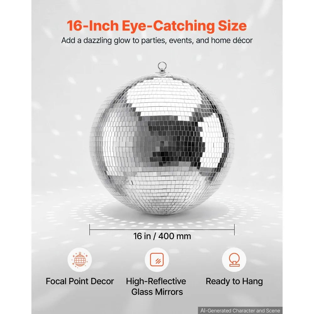 16-Inch Mirror Disco Ball – Silver Reflective Glass Hanging Ball for Parties, Weddings & Events