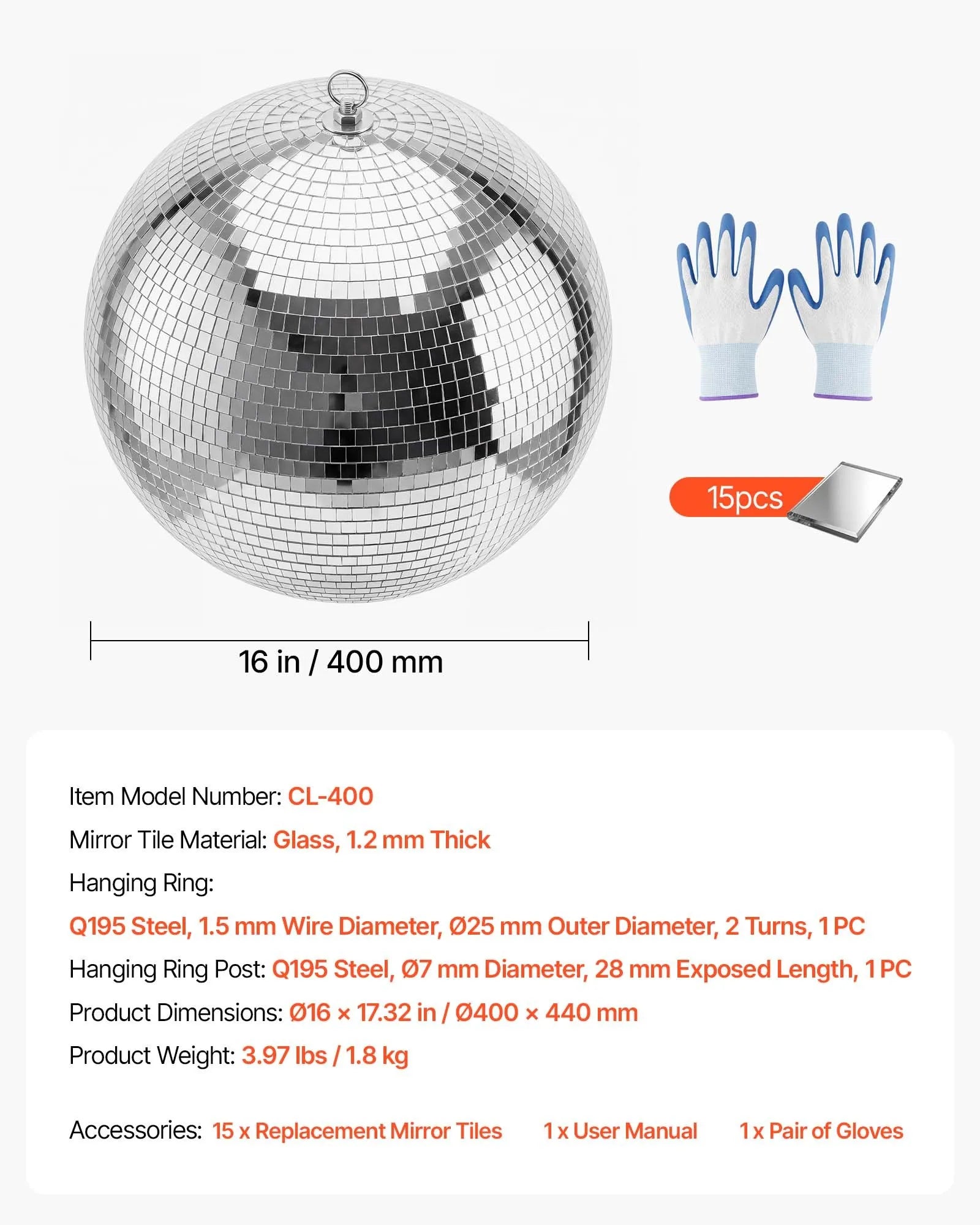 16-Inch Mirror Disco Ball – Silver Reflective Glass Hanging Ball for Parties, Weddings & Events