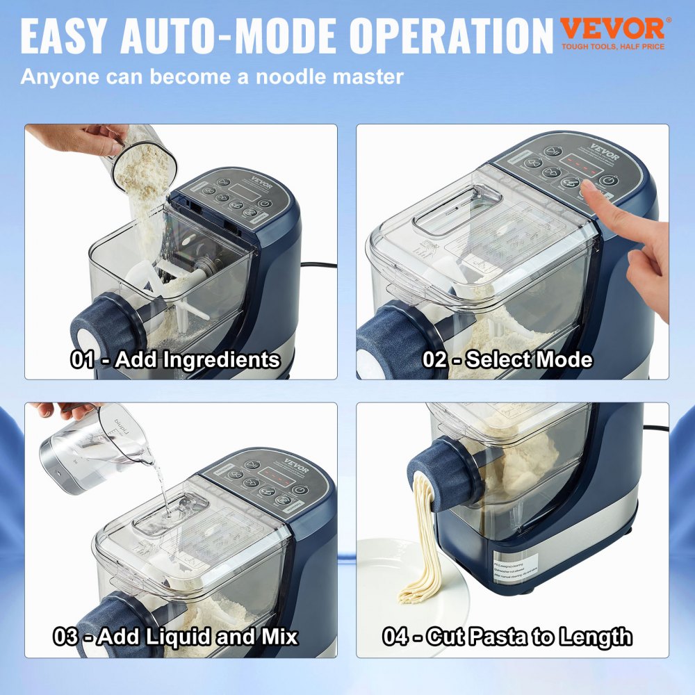 VEVOR Electric Pasta Maker, 150W Automatic Noodle Maker Machine with 8 Pasta Shapes, 4 Intelligent Modes, 500g Flour Capacity Pasta Maker Machine with Measuring Cups, Cleaning Brush for Home Kitchen 