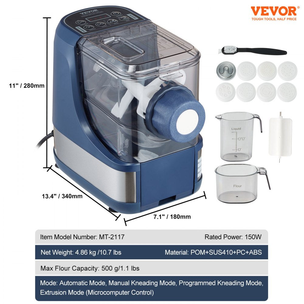 VEVOR Electric Pasta Maker, 150W Automatic Noodle Maker Machine with 8 Pasta Shapes, 4 Intelligent Modes, 500g Flour Capacity Pasta Maker Machine with Measuring Cups, Cleaning Brush for Home Kitchen 