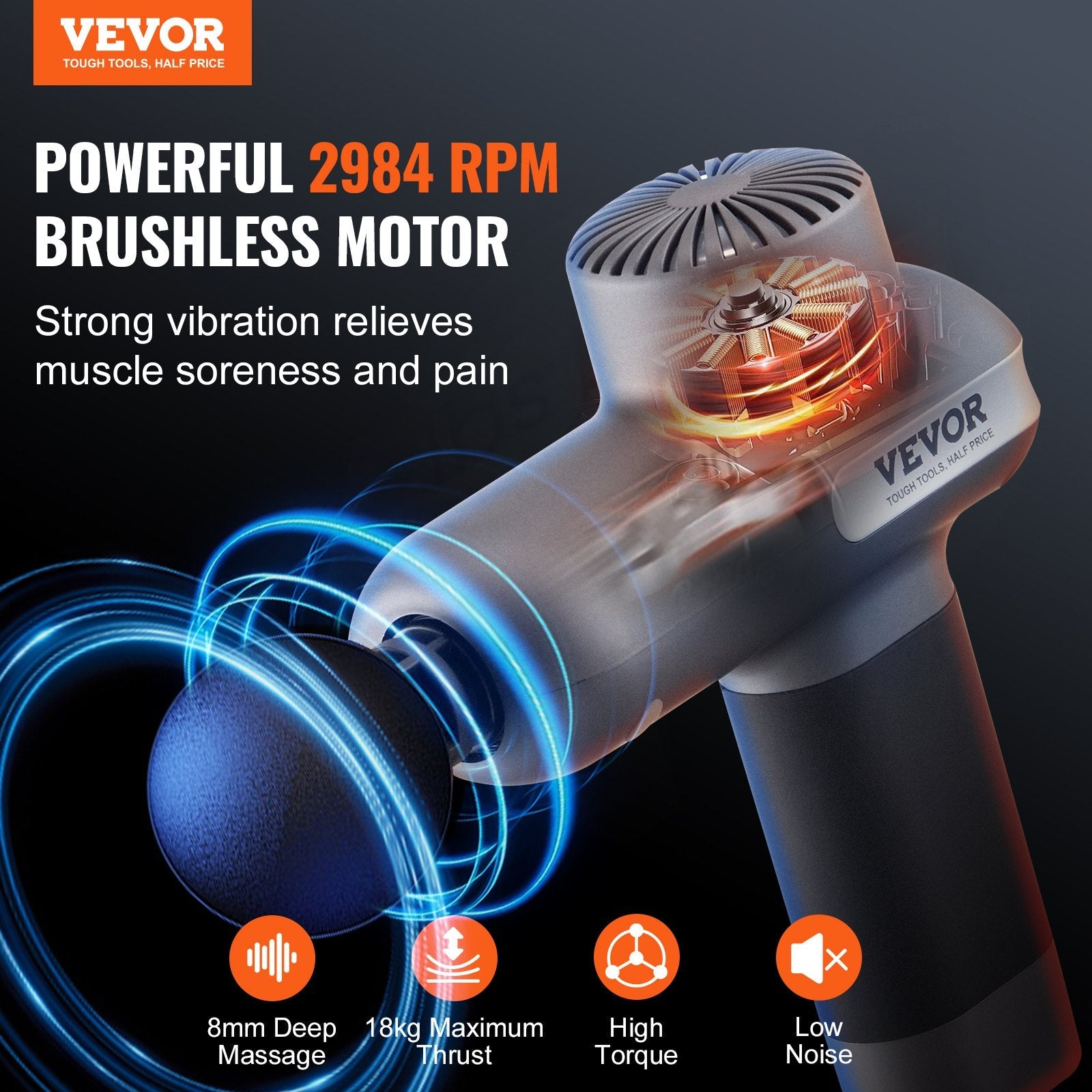 VEVOR Massage Gun Deep Tissue, Percussion Muscle Massager for Athletes - with 5 Speed Levels & 6 Massage Heads, 7.4V 2500mAh Batteries, Handheld Electric Massage Gun for Pain Relief, Muscle Relaxation 