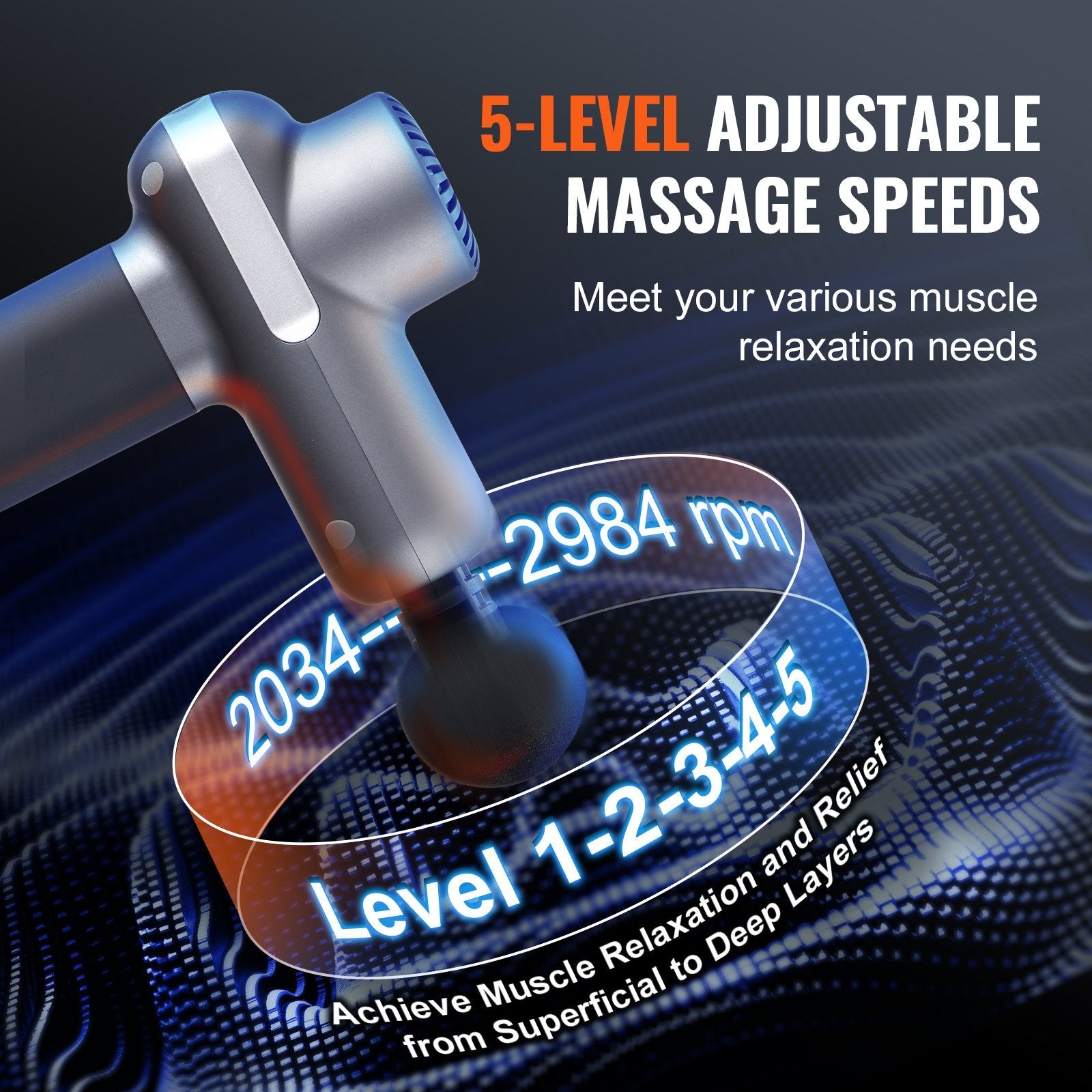 VEVOR Massage Gun Deep Tissue, Percussion Muscle Massager for Athletes - with 5 Speed Levels & 6 Massage Heads, 7.4V 2500mAh Batteries, Handheld Electric Massage Gun for Pain Relief, Muscle Relaxation 