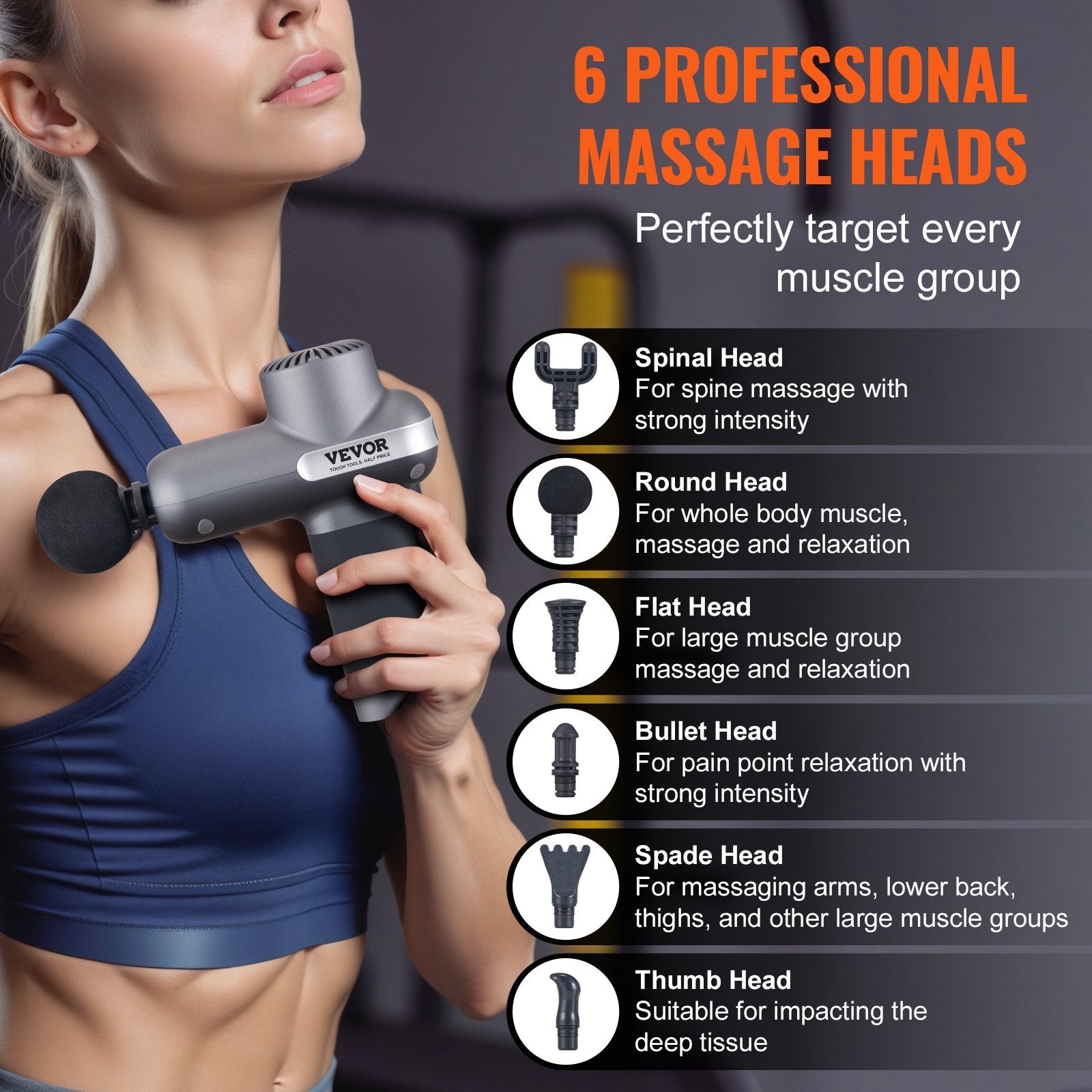 VEVOR Massage Gun Deep Tissue, Percussion Muscle Massager for Athletes - with 5 Speed Levels & 6 Massage Heads, 7.4V 2500mAh Batteries, Handheld Electric Massage Gun for Pain Relief, Muscle Relaxation 