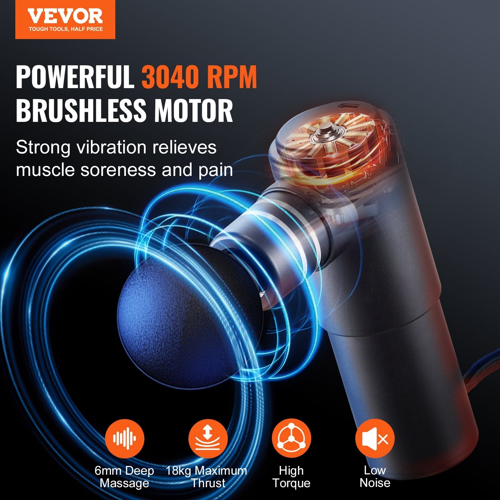 VEVOR Massage Gun Deep Tissue, Percussion Muscle Massager for Athletes - with 4 Speed Levels & 4 Massage Heads, 12V 2500mAh Batteries, Handheld Electric Massage Gun for Pain Relief, Muscle Relaxation 