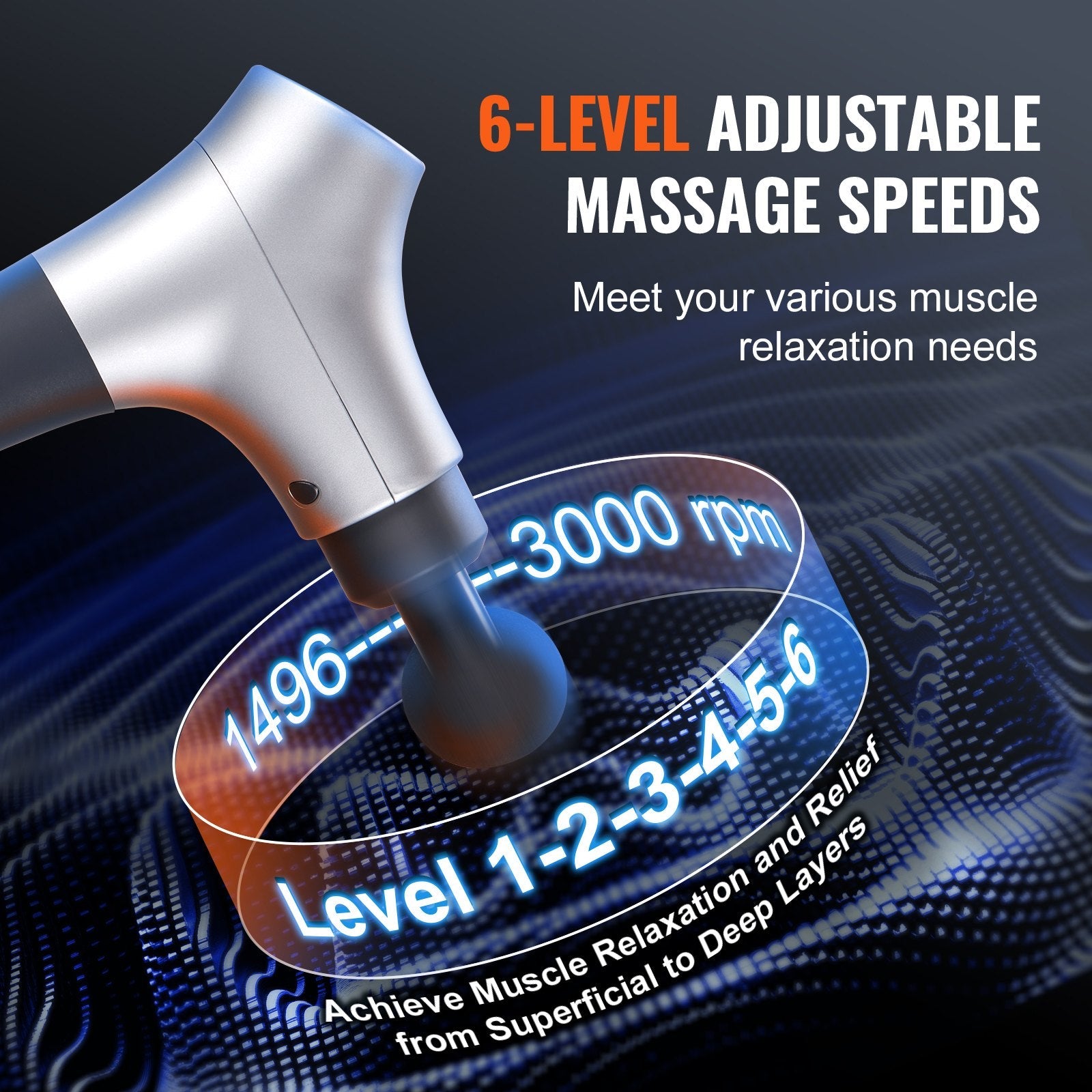 VEVOR Massage Gun Deep Tissue, Percussion Muscle Massager for Athletes - with 6 Speed Levels & 4 Massage Heads, 12V 2500mAh Batteries, Handheld Electric Massage Gun for Pain Relief, Muscle Relaxation 