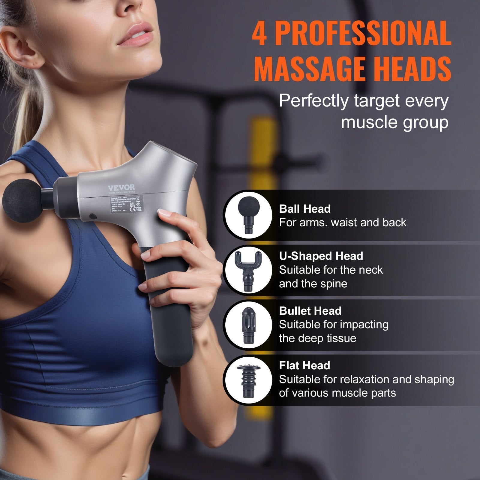 VEVOR Massage Gun Deep Tissue, Percussion Muscle Massager for Athletes - with 6 Speed Levels & 4 Massage Heads, 12V 2500mAh Batteries, Handheld Electric Massage Gun for Pain Relief, Muscle Relaxation 