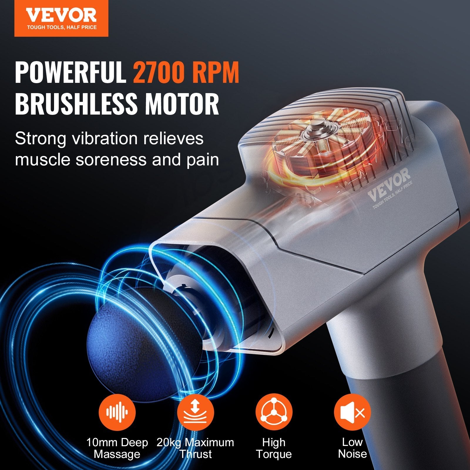 VEVOR Massage Gun Deep Tissue, Percussion Muscle Massager for Athletes - with 8 Speed Levels & 6 Massage Heads, 16V 2500mAh Batteries, Handheld Electric Massage Gun for Pain Relief, Muscle Relaxation 