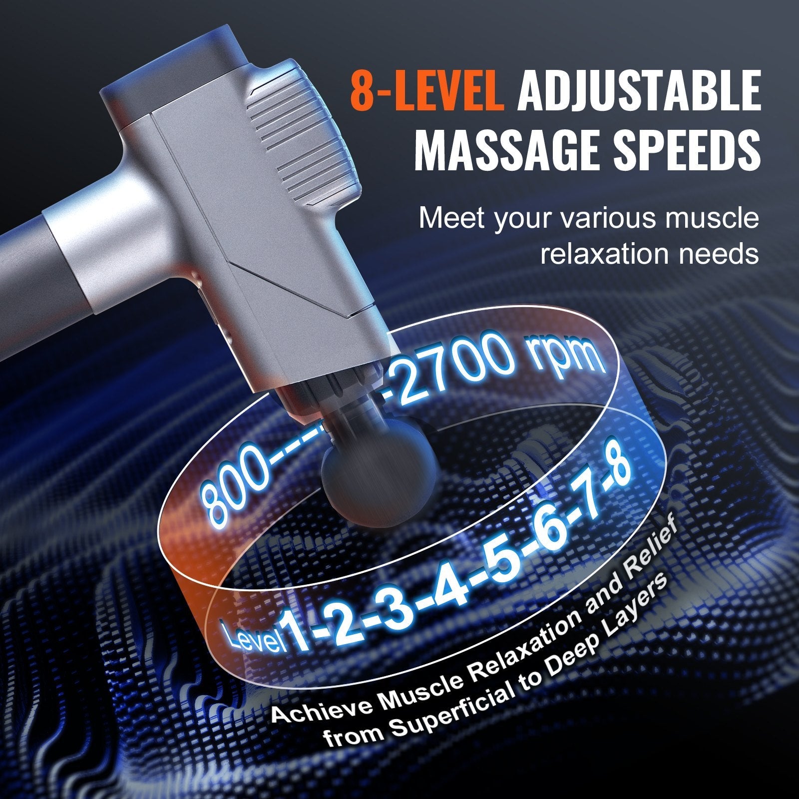 VEVOR Massage Gun Deep Tissue, Percussion Muscle Massager for Athletes - with 8 Speed Levels & 6 Massage Heads, 16V 2500mAh Batteries, Handheld Electric Massage Gun for Pain Relief, Muscle Relaxation 