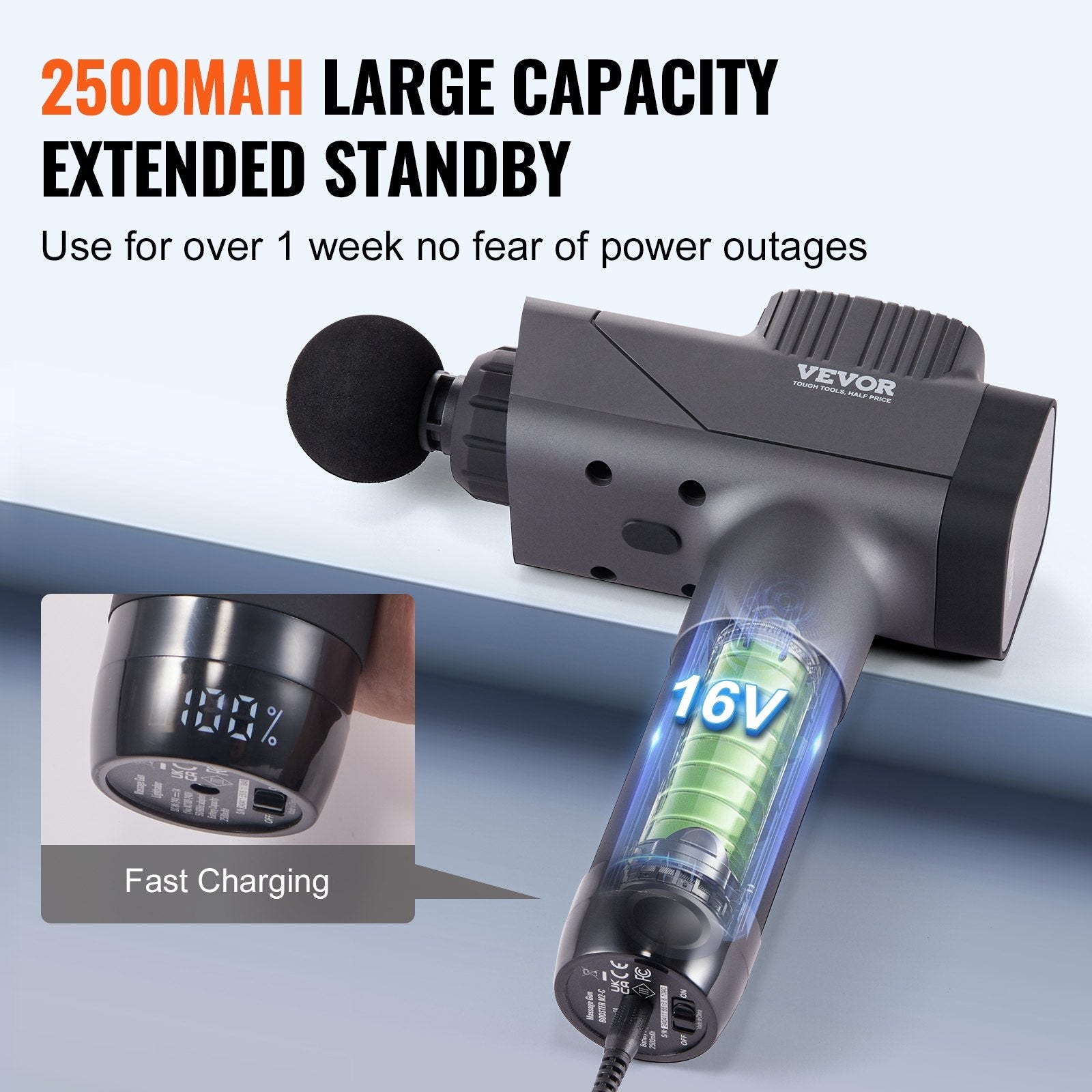 VEVOR Massage Gun Deep Tissue, Percussion Muscle Massager for Athletes - with 8 Speed Levels & 6 Massage Heads, 16V 2500mAh Batteries, Handheld Electric Massage Gun for Pain Relief, Muscle Relaxation 