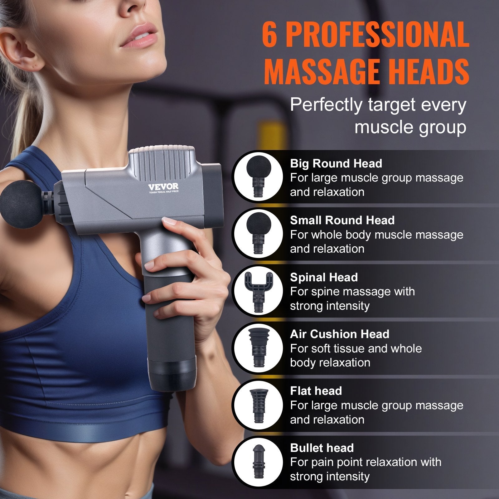 VEVOR Massage Gun Deep Tissue, Percussion Muscle Massager for Athletes - with 8 Speed Levels & 6 Massage Heads, 16V 2500mAh Batteries, Handheld Electric Massage Gun for Pain Relief, Muscle Relaxation 