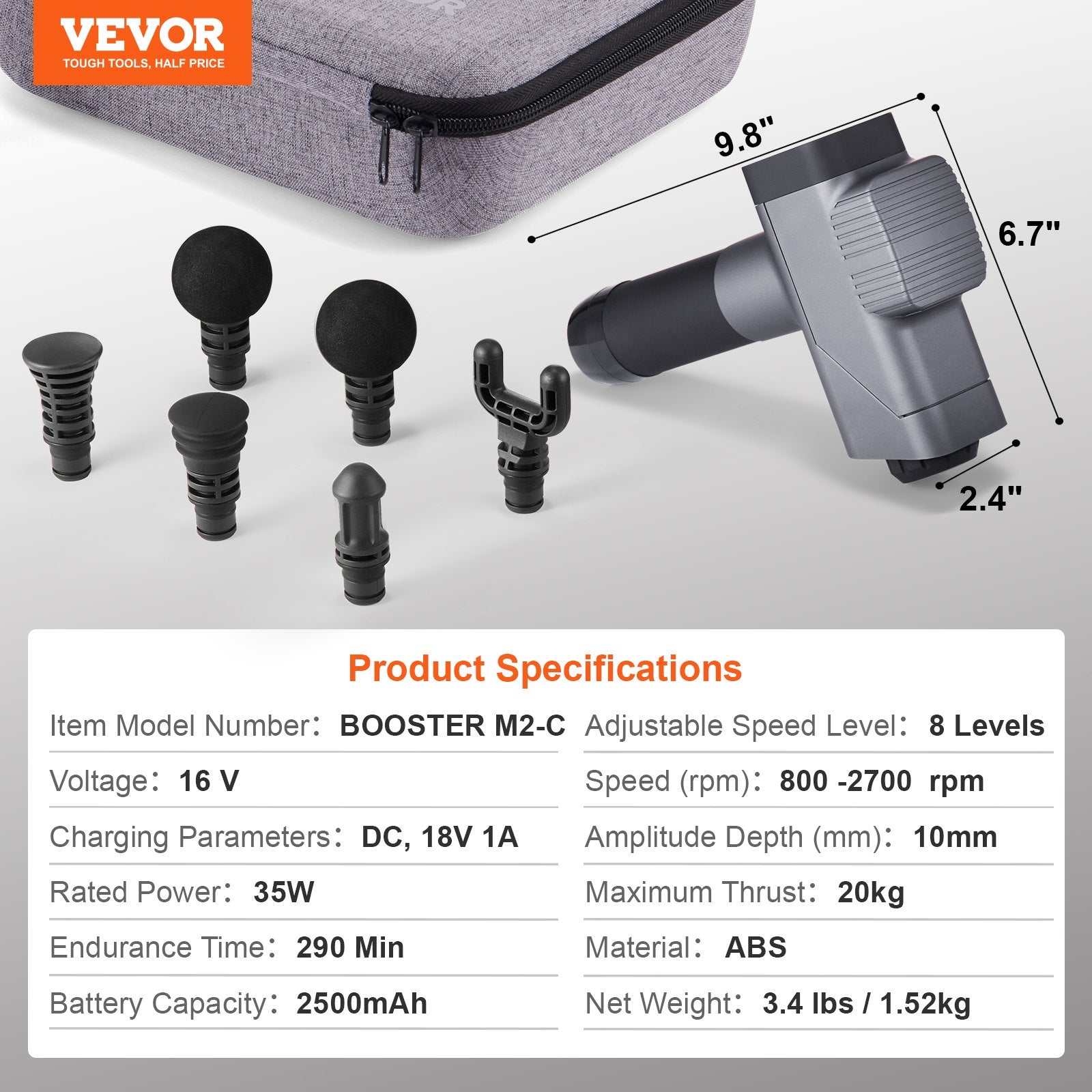 VEVOR Massage Gun Deep Tissue, Percussion Muscle Massager for Athletes - with 8 Speed Levels & 6 Massage Heads, 16V 2500mAh Batteries, Handheld Electric Massage Gun for Pain Relief, Muscle Relaxation 