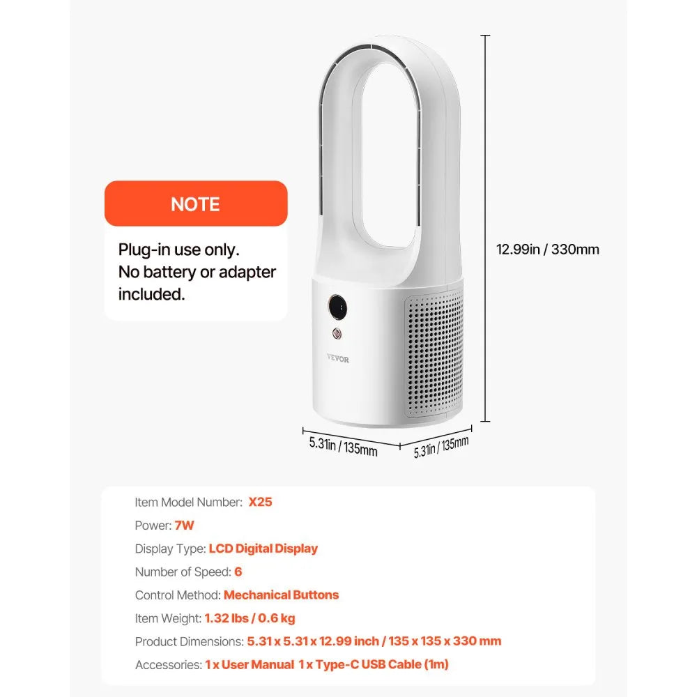 VEVOR Portable Desk Bladeless Fan 12.99" 6-Speed Quiet Fan for Bedroom & Office