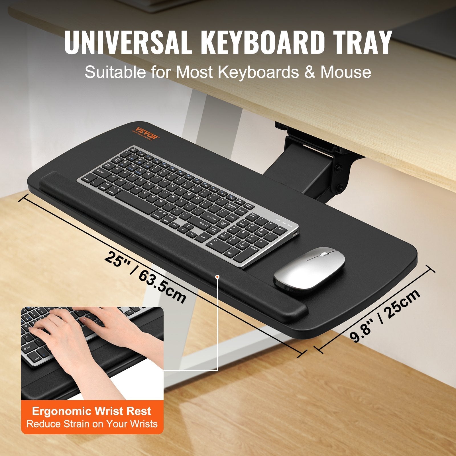 VEVOR Keyboard Tray Under Desk, Height and Angle Adjustable Ergonomic Keyboard/Mouse Tray Under Desk, Large 25x9.8 inch Slide-out Computer Drawer for Typing in Home, Office Work 