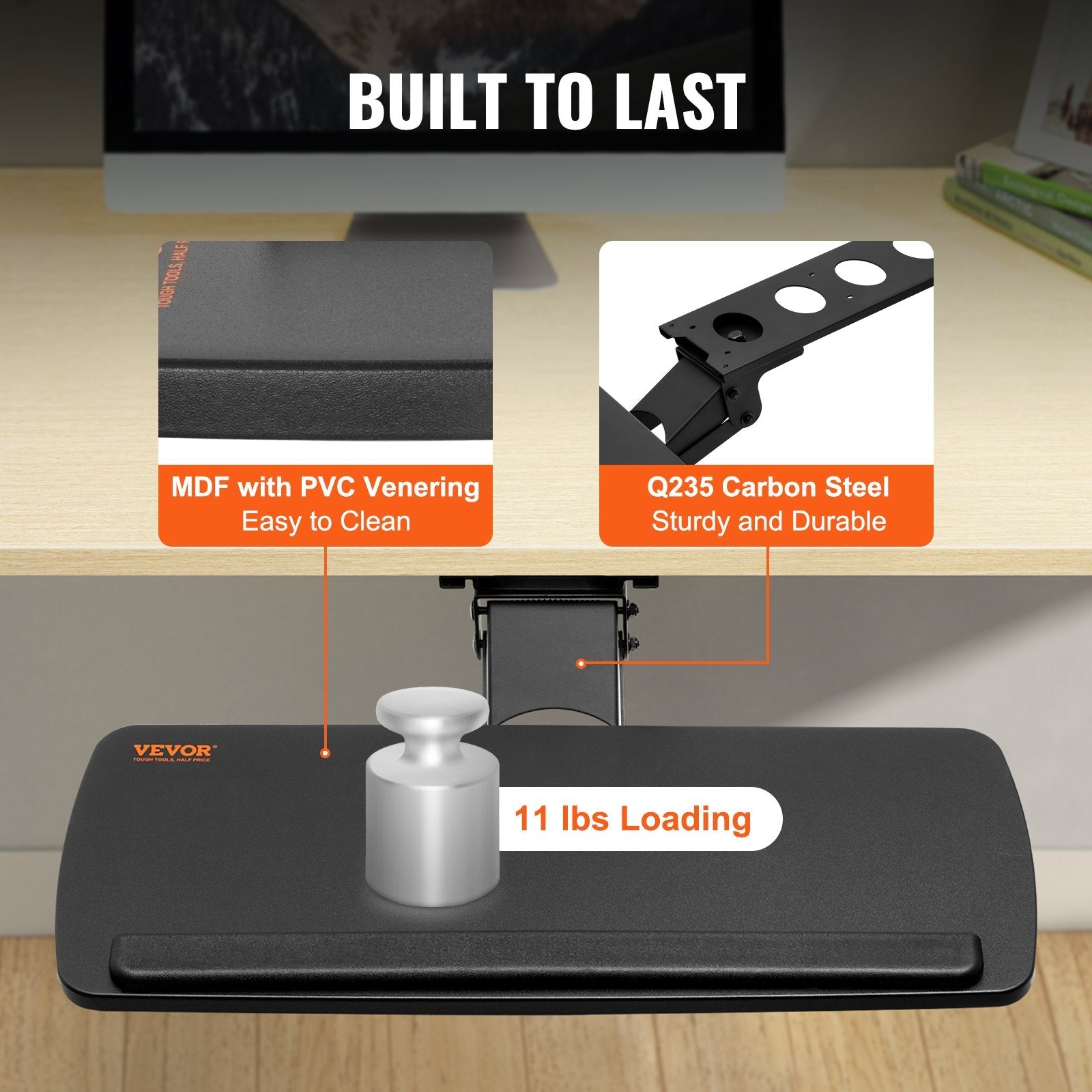 VEVOR Keyboard Tray Under Desk, Height and Angle Adjustable Ergonomic Keyboard/Mouse Tray Under Desk, Large 25x9.8 inch Slide-out Computer Drawer for Typing in Home, Office Work 
