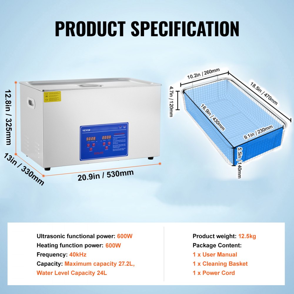 VEVOR Professional Ultrasonic Cleaner, 27.2 L Ultrasonic Jewelry Cleaner with Digital Timer & Heater, Stainless Steel Industrial Sonic Cleaner 40kHz for Glasses, Watches, Rings, Small Parts 
